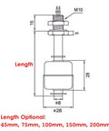 Diagram of Water Level Sensor Float Switch For Vertical Mounting, Stainless Steel Construction, with optional length specifications