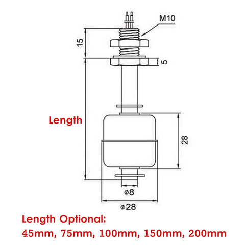 Diagram of Water Level Sensor Float Switch For Vertical Mounting, Stainless Steel Construction, with optional length specifications
