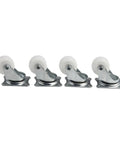 Twelve Piece Set Of One Inch Swivel Casters Featuring Cushioned Rubber Wheels And Polished Silver Ball Bearings That Roll Smooth Without A Hitch on metal base.