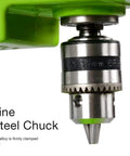 Piefeak Electric Bench Drill Press Stand With 480W Motor For Mini Drilling Machine showing fine steel chuck for 1-10mm drill bits.