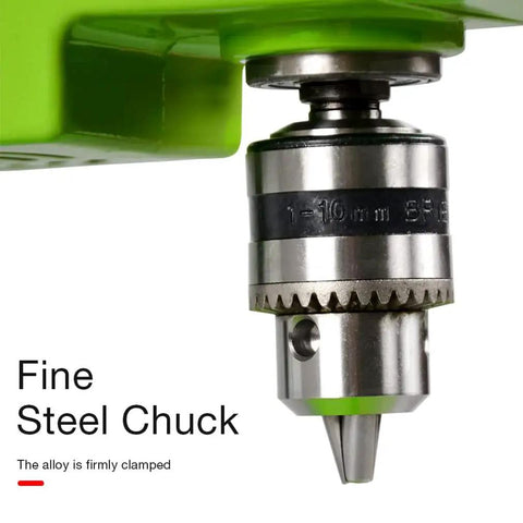 Piefeak Electric Bench Drill Press Stand With 480W Motor For Mini Drilling Machine showing fine steel chuck for 1-10mm drill bits.