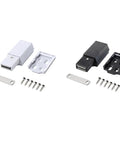 Invisible Push To Open Cabinet Latches For Modern Kitchen And Bathroom Drawers in black and white, showing hardware and screws.