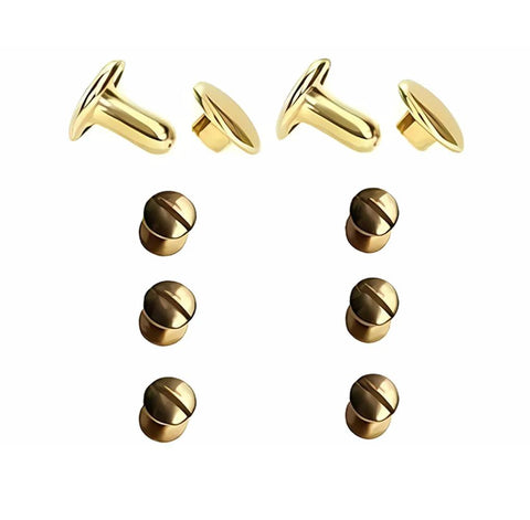 Copper shoe rivets for barefoot/grounding shoes, 12 pieces shown (4 flat-head rivets and 8 round studs).