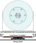 Diagram of Round Lazy Susan Turntable For Dining Tables 20 To 43 Inches, showing measurements and clear tempered glass material.