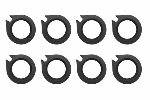 Eight black rubber-coated snap clips arranged in two rows, designed to grip cables and hoses for organization.