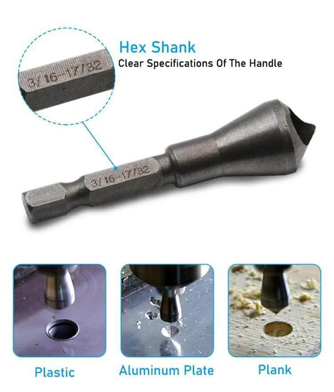 SOCOJE 3-piece chamfer bit set with 1/4-inch hex shank; countersink and deburring bits for metal, wood, and plastic (Amazon)