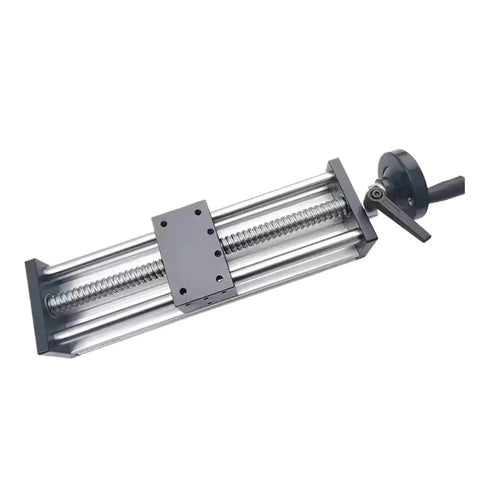 Workhorse Linear Guide System With Ball Screw SFU1204 Handwheel shown in chrome-plated precision steel for CNC use