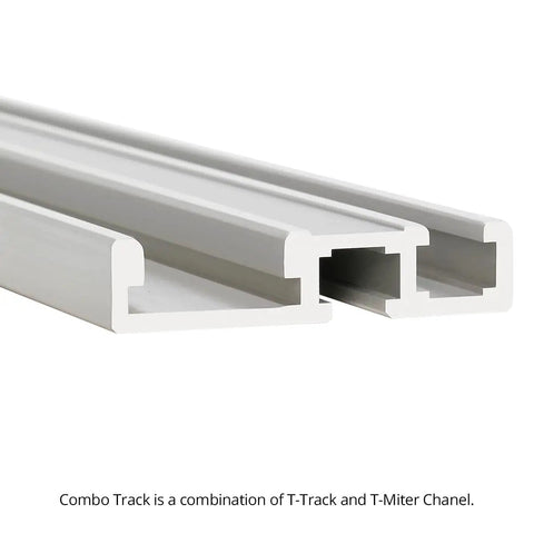 Rock Solid Aluminum Combo T Track 48 Inch Miter Channel And T Slot Workbench Rail showing two parallel T-tracks in white aluminum.