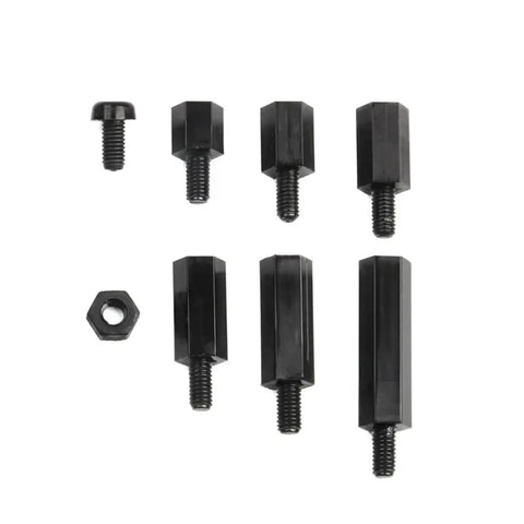 Spacer Kit Nylon Standoff Spacers M3 Male To Female Pillars Flat Head Plastic Spacing Screws And Nuts For Drone Quad Copter PCBs Non Conductive Lightweight Gear Two To Three Set black nylon spacers and nut on white background