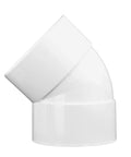 PVC 6-Inch 45-Degree Elbow for Hub to Hub Solvent-Weld Connections, white sewer and drain pipe fitting side view