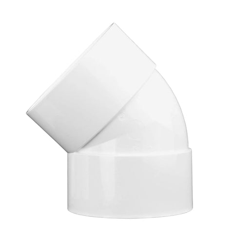 PVC 6-Inch 45-Degree Elbow for Hub to Hub Solvent-Weld Connections, white sewer and drain pipe fitting side view