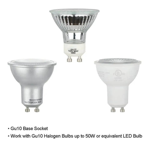 GU10 bulbs for 4 Light Track Bar Lighting With Glass Heads In Cool Matte Black Finish, showing base socket details.