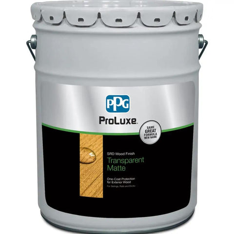 Top Shelf 5 Gallon Exterior Wood Stain In Rich Dark Oak One Coat Oil Finish For Decks And Fences in a white bucket with label.