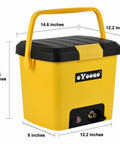Compact Portable Pressure Washer With 5 Gallon Tank And 255 Psi For Easy Car Washes Pet Bath Home And Patio Cleaning Plus A Camper Friendly 45 Minute Runtime For Off Grid Adventures, yellow unit with handle and measurements