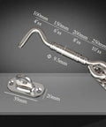 Stainless Steel Heavy Duty Gate Hook and Eye Latch for Door Window Cabinet, showing dimensions and thickness details.
