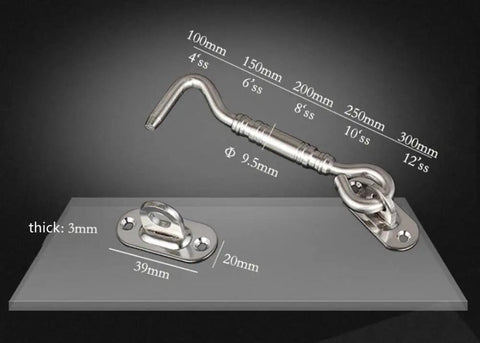 Stainless Steel Heavy Duty Gate Hook and Eye Latch for Door Window Cabinet, showing dimensions and thickness details.