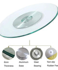 Heavy Duty Glass Lazy Susan Turntable 360 Degree Rotating Tray with 8mm Tempered Glass and aluminum base, showing components.