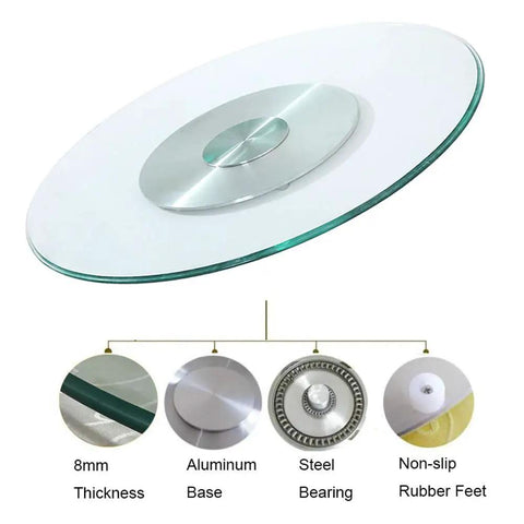 Heavy Duty Glass Lazy Susan Turntable 360 Degree Rotating Tray with 8mm Tempered Glass and aluminum base, showing components.