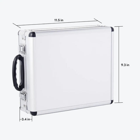 Aluminum case for Pro Woodworking 100 Piece Router Bit Set With One Quarter Inch Shank Tungsten Carbide Bits, dimensions labeled.