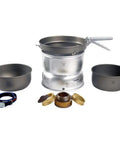 Ultralight Hard Anodized Camping Cookset with Alcohol Stove, 2 pots, frypan, windshields, gripper, and strap for backpacking cooking.