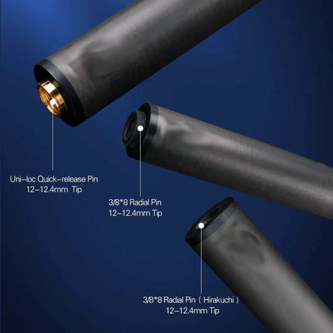 Premium Aviation Carbon Fiber Pool Cue Single Shaft Kit with 3/8 X 8 Radial Pin and Uni Loc Joint details and specifications.