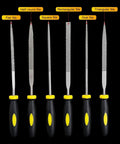 Front view of 6pc 140mm mini metal rasp needle files set with black and yellow handles for woodworking