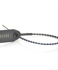 Close-up of black tamper evident plastic seal with numbered zip tie for fire extinguishers and security tags, 250mm, Pack of 100.