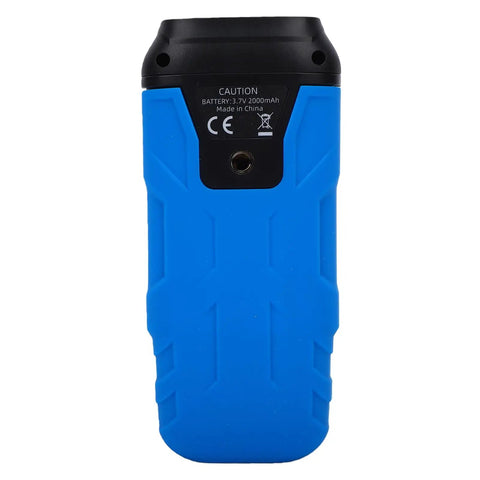Heavy Duty Digital Thermocouple Thermometer With High Temperature Meter And Dual Channel T1 T4 Logging Features 5999 Timestamped Records Usb Rechargeable Power 60 Hour Runtime And Rugged Silicone Case Built Tough For No Sweat Industrial Jobs back view in blue silicone case.