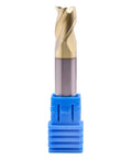 Carbide end mill, front view, 5/16-inch diameter, 3-flute, ZRN-coated, square end in blue holder