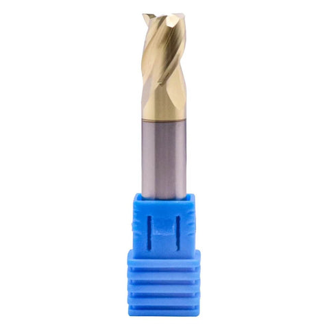 Carbide end mill, front view, 5/16-inch diameter, 3-flute, ZRN-coated, square end in blue holder