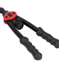 Stainless Steel Hand Rivet Nut Tool Kit BT 606 With M8 Nut 9mm Stroke 25x Leverage, black and red handles, side view.