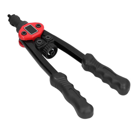 Stainless Steel Hand Rivet Nut Tool Kit BT 606 With M8 Nut 9mm Stroke 25x Leverage, black and red handles, side view.