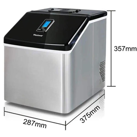 No Drama Portable Automatic Countertop Ice Maker Churning Fifty Five Pounds Of Snappy Cubes Daily Sleek Stainless Shell side view with dimensions