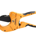 Beefy Heavy Duty Ratchet PVC Pipe Cutter Up To Two And A Half Inch For PEX PVC PPR And Plastic Hoses Aluminum Alloy Body With Sharp SK5 Blade Built For Quick Clean Cuts, shown with ergonomic handles.