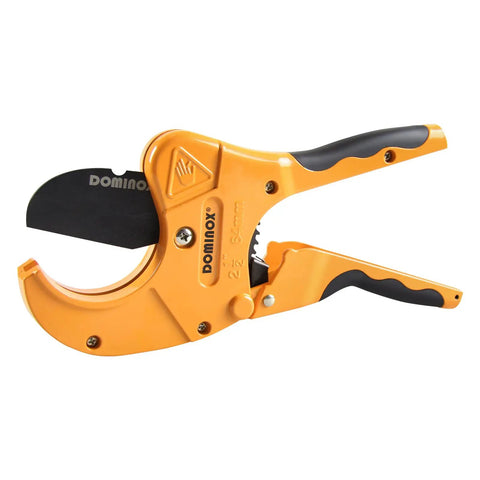 Beefy Heavy Duty Ratchet PVC Pipe Cutter Up To Two And A Half Inch For PEX PVC PPR And Plastic Hoses Aluminum Alloy Body With Sharp SK5 Blade Built For Quick Clean Cuts, shown with ergonomic handles.