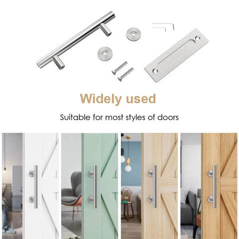 12 Pack Sliding Barn Door Handles Hardware Set With Flush Double Sided Finger Pull For Gates Garages And Cabinets Solid Steel Construction Powder Coated Finish Rust And Corrosion Resistant Smooth Touch No Sharp Edges Stainless Look, shown in various door styles