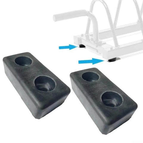 2 Pack Rubber Feet For Fitness Equipment, Shock Absorbing Vibration Dampening Pads next to gym equipment with blue arrows