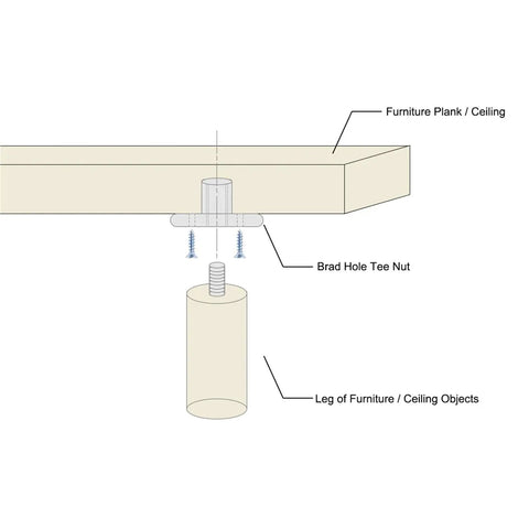 Diagram showing installation of 30Pcs M6 M8 M10 Brad Hole Tee Nuts With Beefy Round Base Screw In Carbon Steel for furniture assembly.