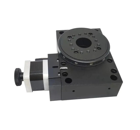 Horizontal Rotary Table With Motorized Drive Worm Gear System Outer Ring Scale And PX110-150 for lab or automation use.