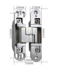 Concealed Zinc Alloy Cross Hinge 180 Degree Hidden Door Hinge for cabinets and closets, showing dimensions and metal construction