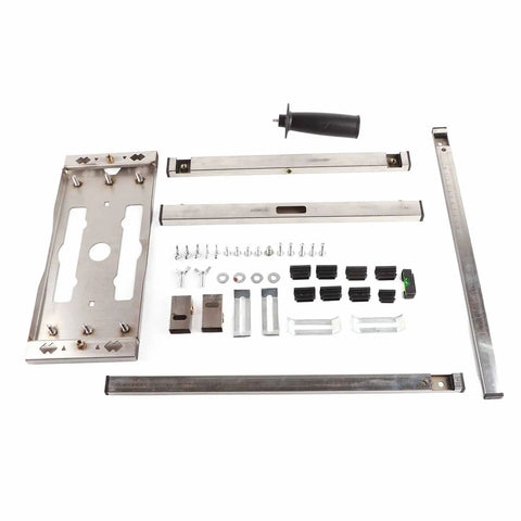Full Throttle Electric Circular Saw Trimmer With Steel Positioning Frame parts laid out, including steel guides, screws, and support. 