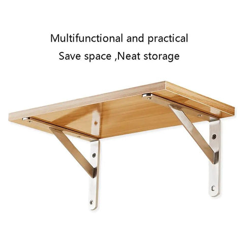 Top Notch Stainless Steel Corner Shelf Brackets holding a wooden shelf, designed for neat storage and space saving.