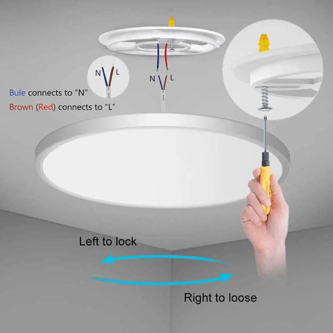Installation diagram for 12 Inch LED Flush Mount Ceiling Light Black 5000K Daylight White 24W 240W Equivalent 3200 Lumen Lamp