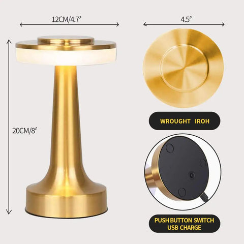 Portable LED Table Lamp With 3-Level Brightness, Metal Desk Light With Touch Control, shown in gold color with USB charge input.