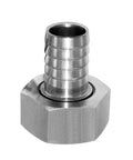 Stainless Steel Garden Hose Swivel Fitting With Three Quarter Barb To Three Quarter GHT Female Threaded Adapter For Quick No Fuss Hose Repair And Leak-Free Connections.