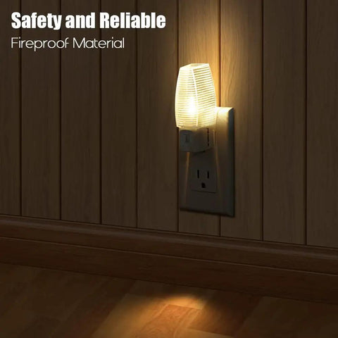 Plug In Night Light Lamps With Manual On Off Switch glowing softly on wooden wall paneling in dark room, energy efficient LED