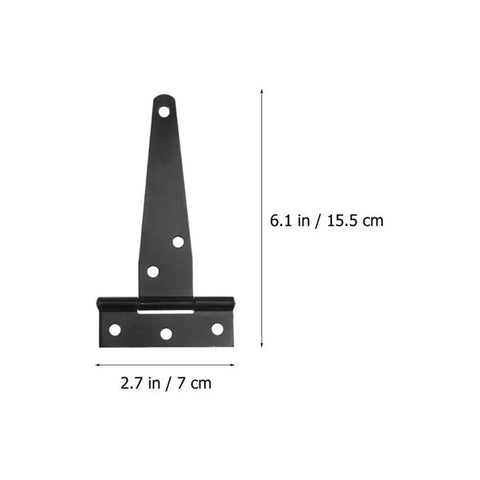 Rustproof Iron T Shaped Hinges For Doors, Gates, Sheds, Fences And Wooden Boxes, Tough As Nails Black Coated Hardware with dimensions shown
