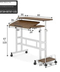 Effortless Height Adjustable Rolling Computer Desk, Foldable Standing Laptop Table with detailed dimensions and water walnut color.