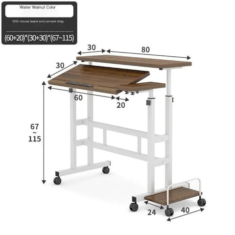 Effortless Height Adjustable Rolling Computer Desk, Foldable Standing Laptop Table with detailed dimensions and water walnut color.