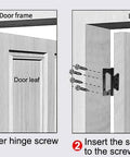 Diagram showing installation of Heavy Duty 4 Inch Stainless Steel Door Hinges Set 3 Pack Bearing on wooden door frame with screws